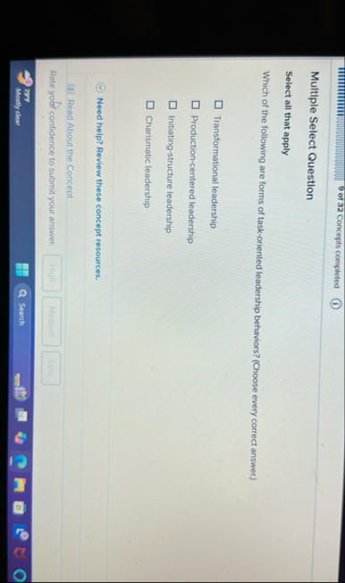 9 of 3 2 Concepts completed Multlple Select