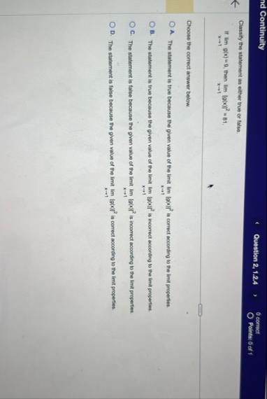 Continuity Question 2 , 1 . 2 . 4 0 cornect O