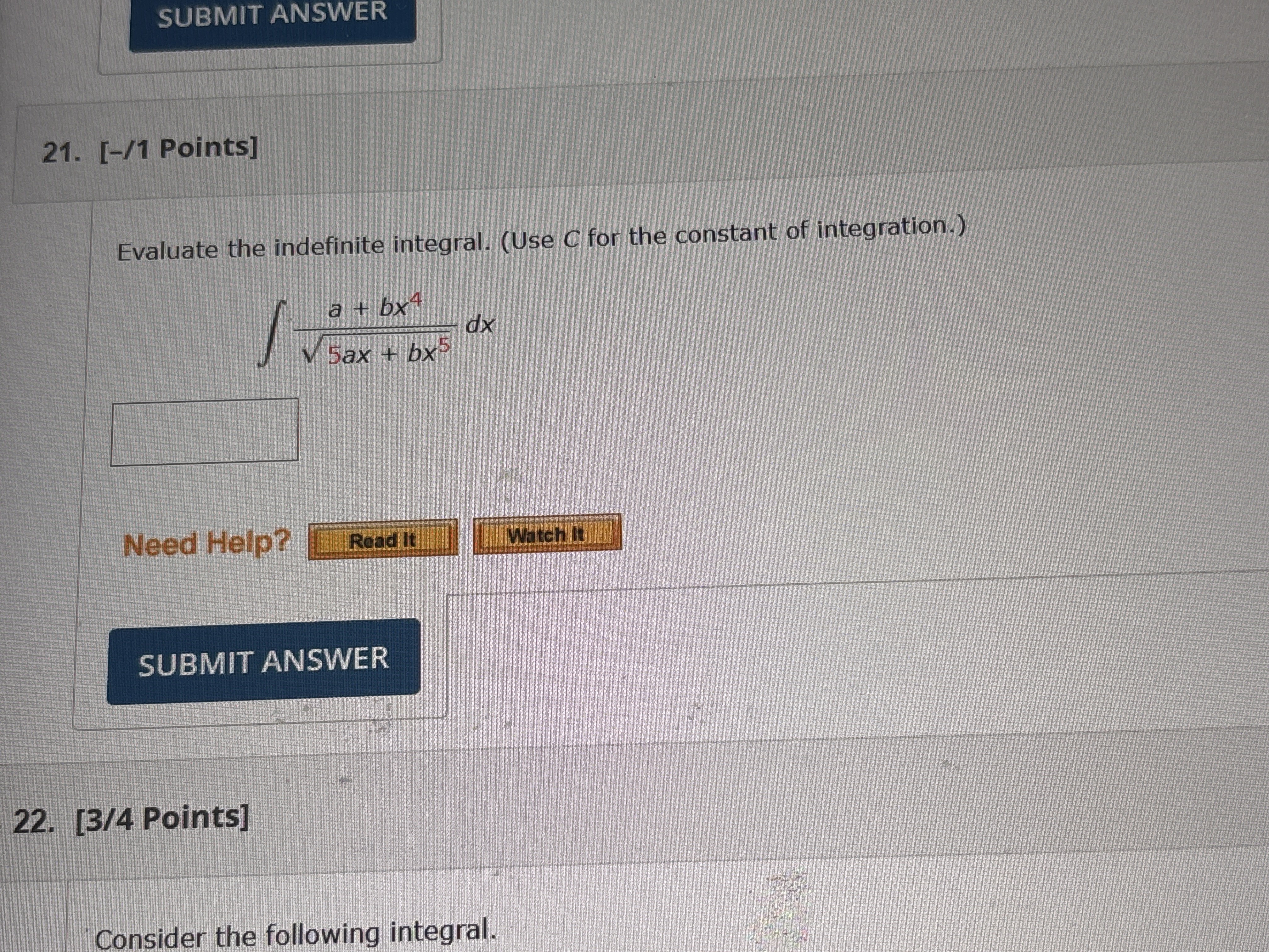 SUBMIT ANSWER 2 1 . [ - 1 Points ] Evaluate the