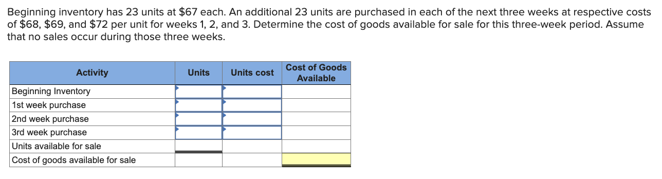 Beginning inventory has 2 3 units at \ ( \ $ 6 7