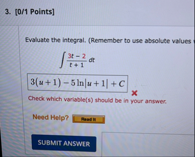 [ 0 / 1 Points ] Evaluate the integral. (