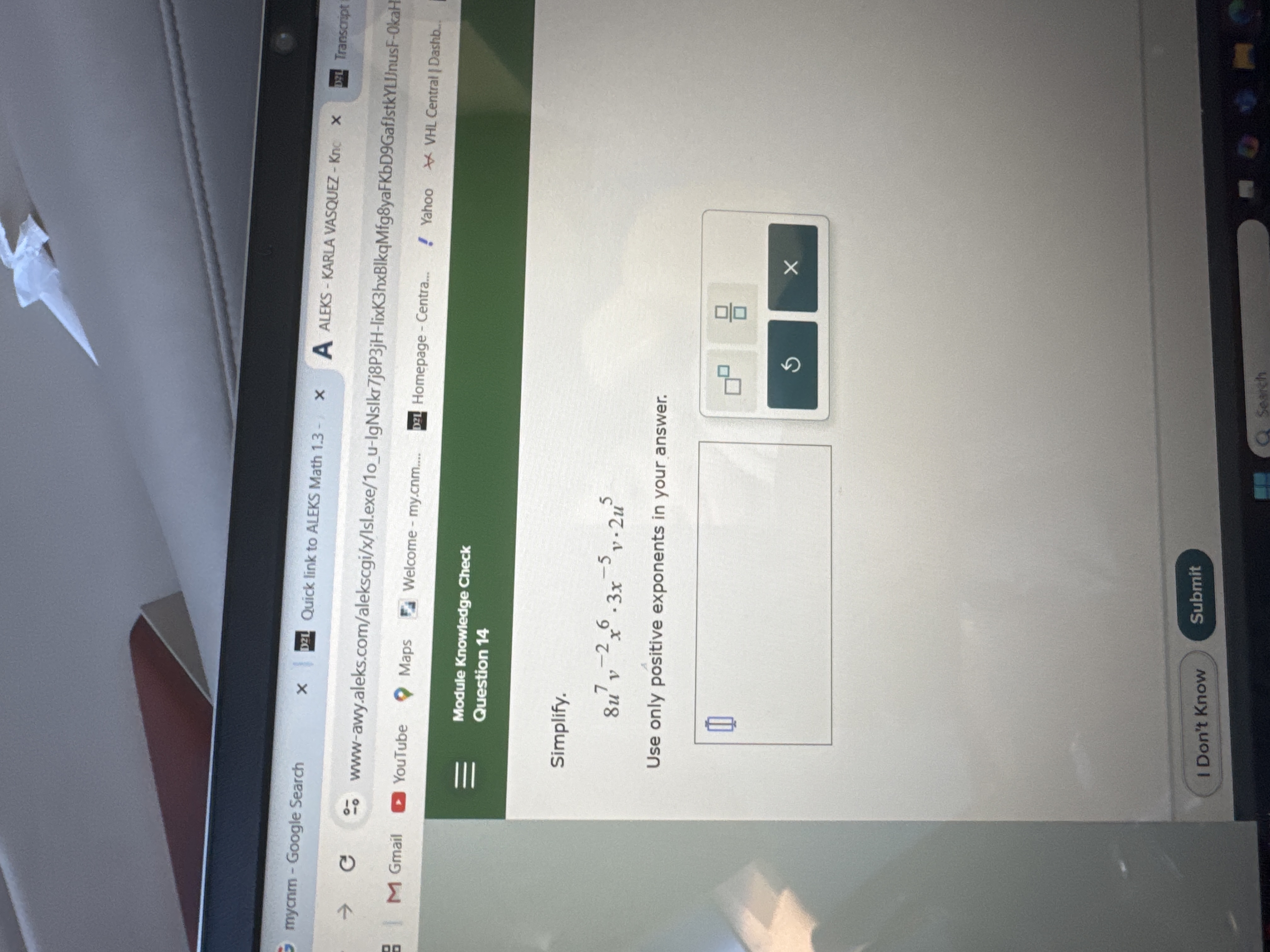 Simplify. 8 u 7 v - 2 x 6 * 3 x - 5 v * 2 u 5 Use