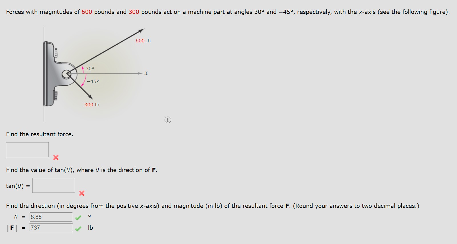 Forces with magnitudes o f 6 0 0 pounds and 3 0 0