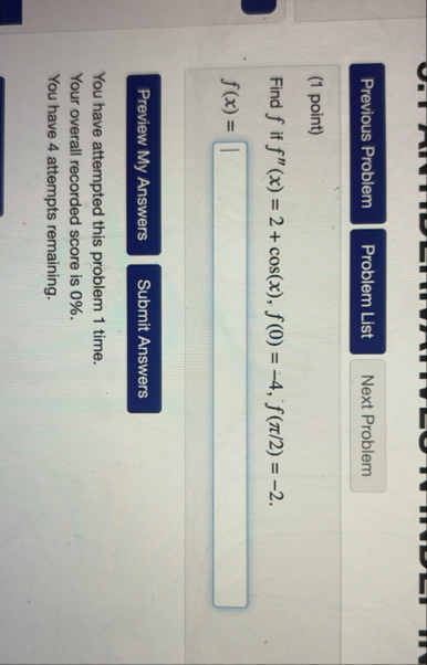 ( 1 point ) Find f if f ' ' ( x ) = 2 c o s ( x )