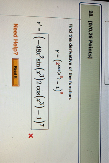 [ 0 / 0 . 2 6 Points ] Find the derivative of the