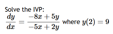 Solve the IVP: d y d x = - 8 x + 5 y - 5 x + 2 y