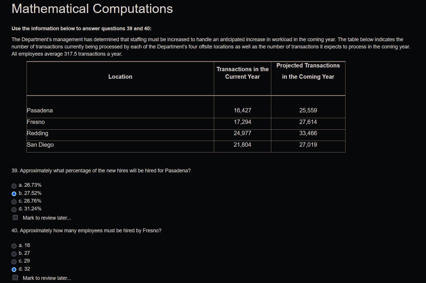 Mathematical Computations Use the information