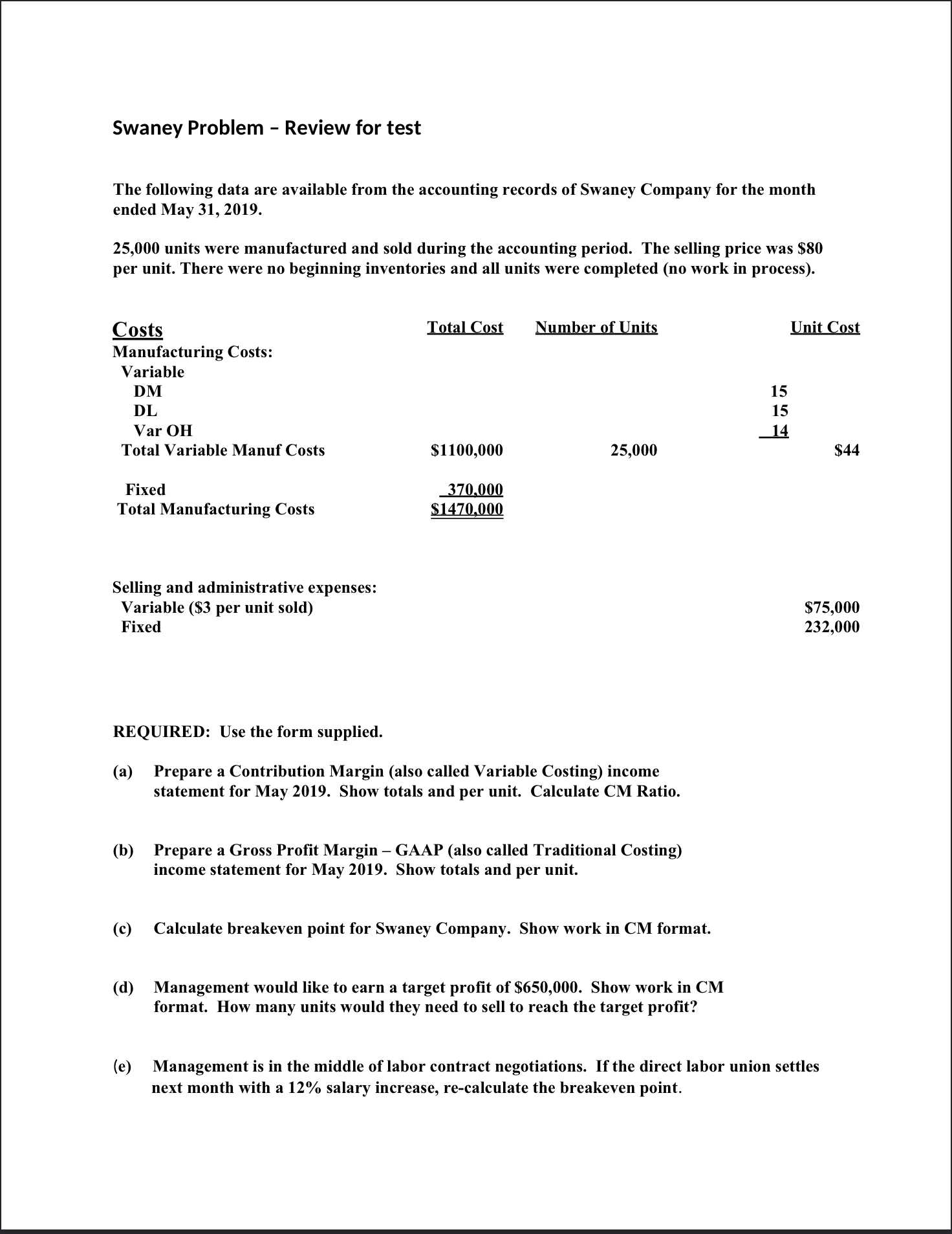Swaney Problem - Review for test The following