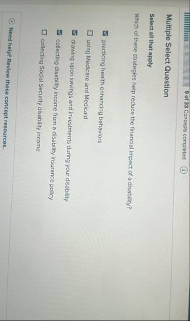 9 of 3 3 Concepts completed Multiple Select