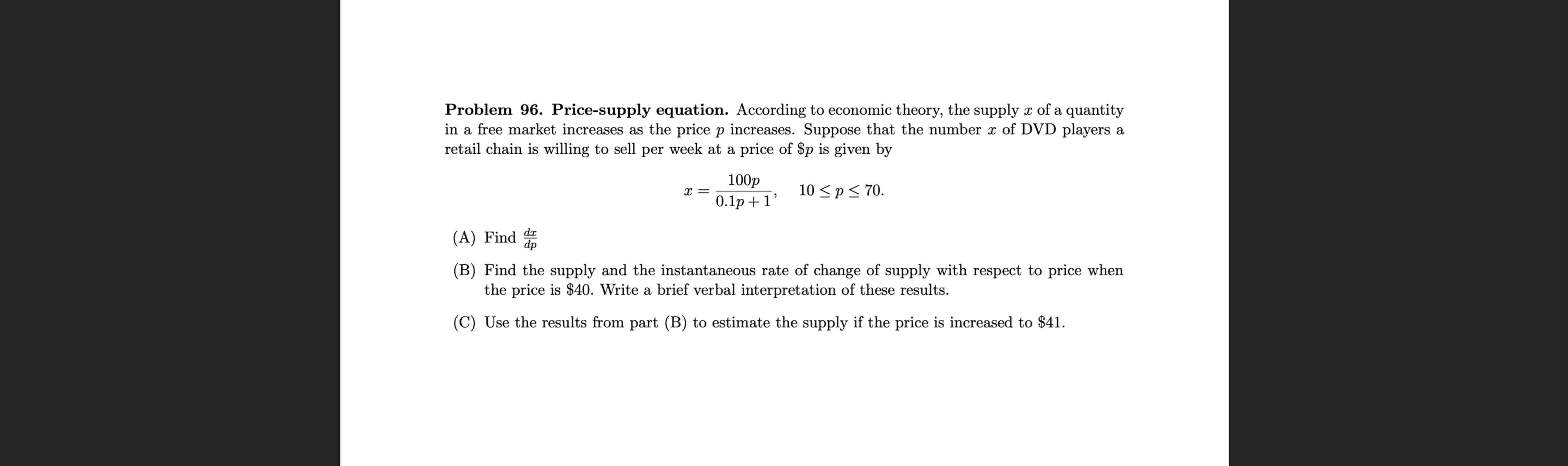 Problem 9 6 . Price - supply equation. According