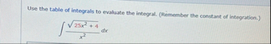 Use the table of integrals to evaluate the