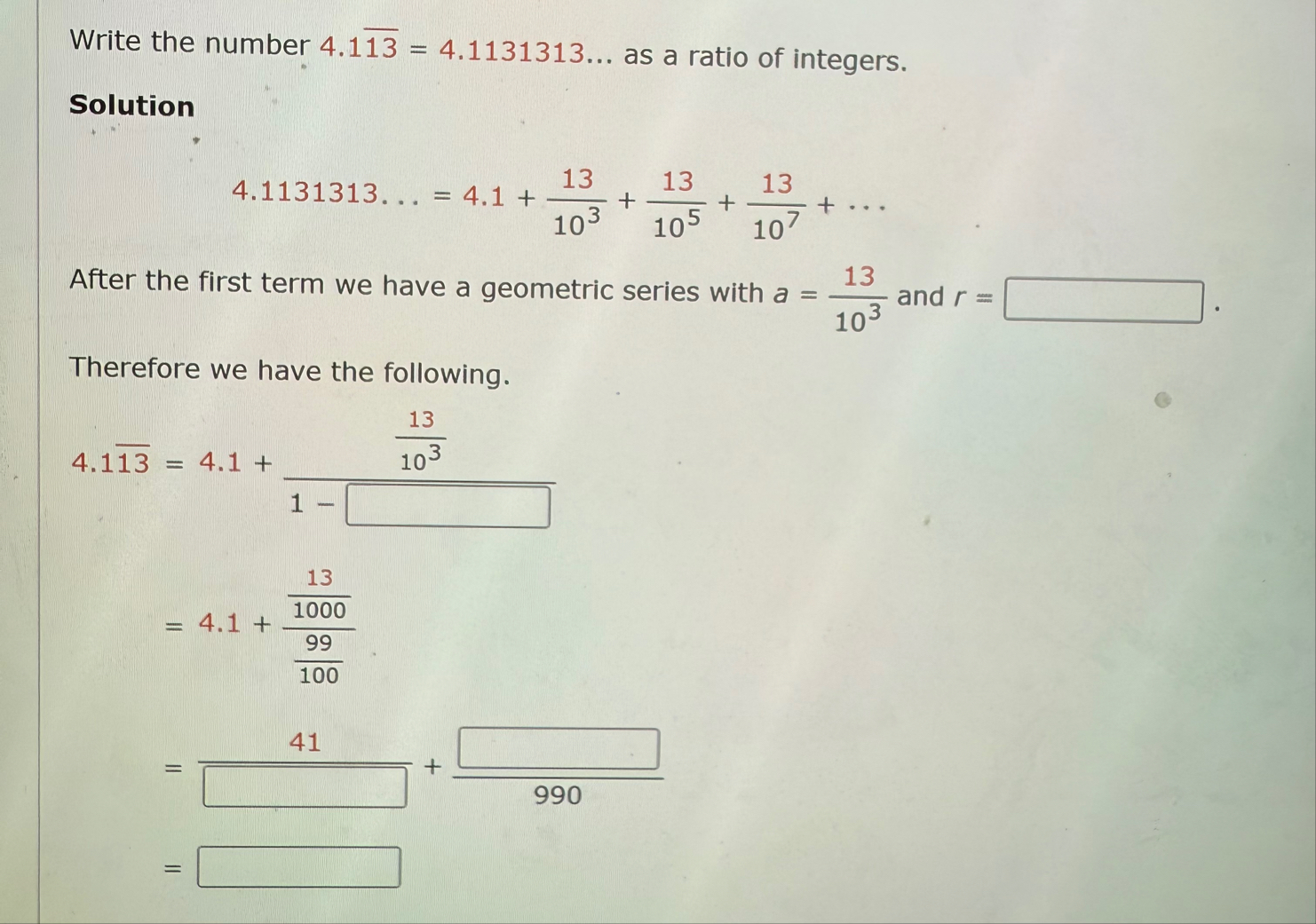 Write the number 4 . 1 b a r ( 1 3 ) = 4 . 1 1 3
