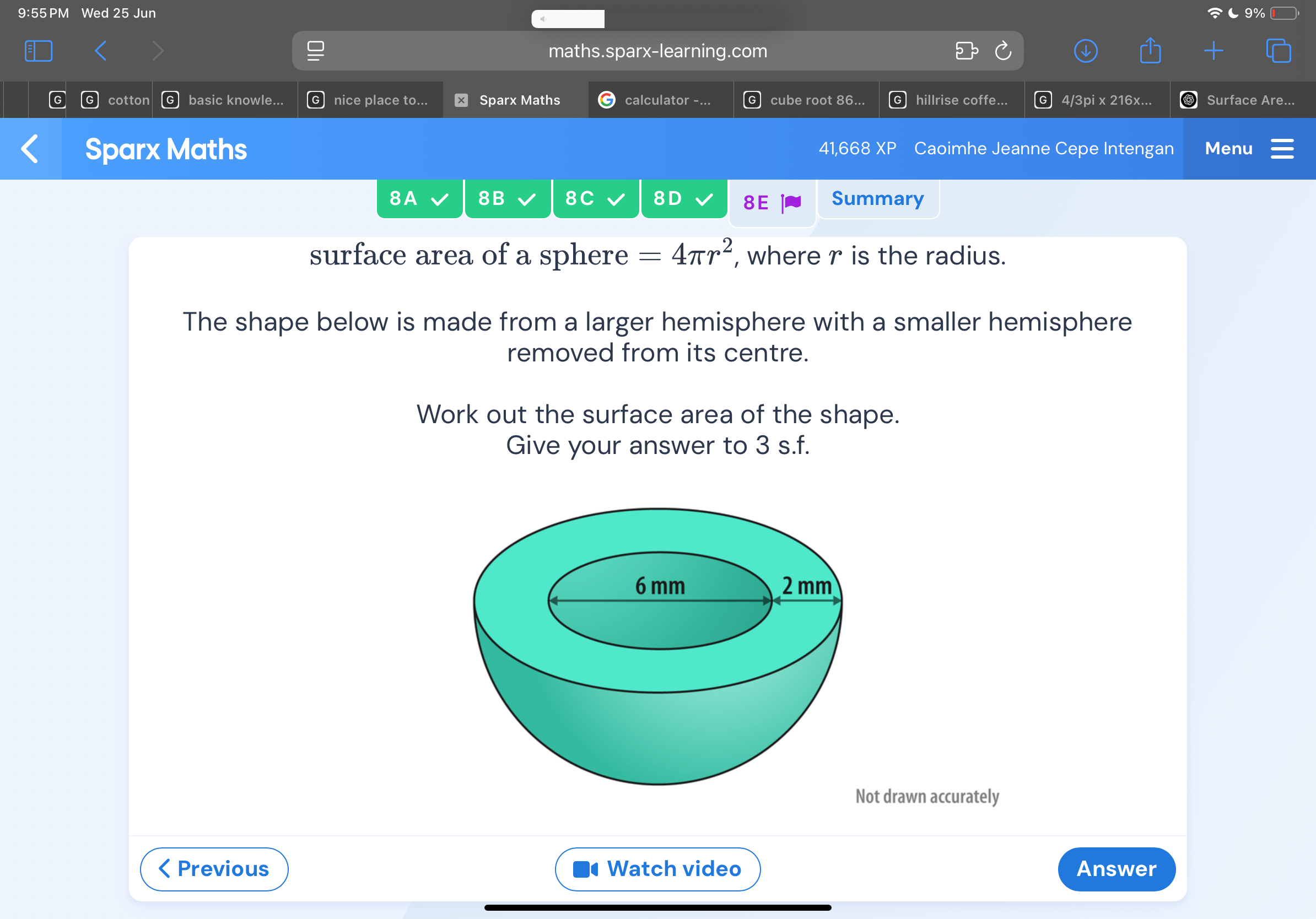 surface area of a sphere \ ( = 4 \ pi r ^ { 2 } \