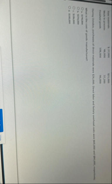 \ table [ [ Raw materials,$ 2 7 , 0 0 0 , $ 2 1 ,