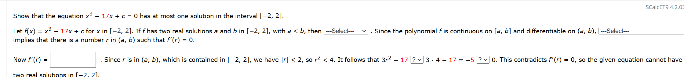 Show that the equation x 3 - 1 7 x + c = 0 has a