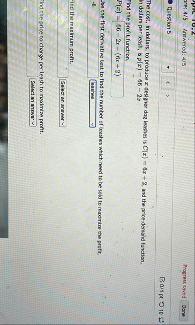pre: 4 / 5 Answered: 4 / 5 Progress saved