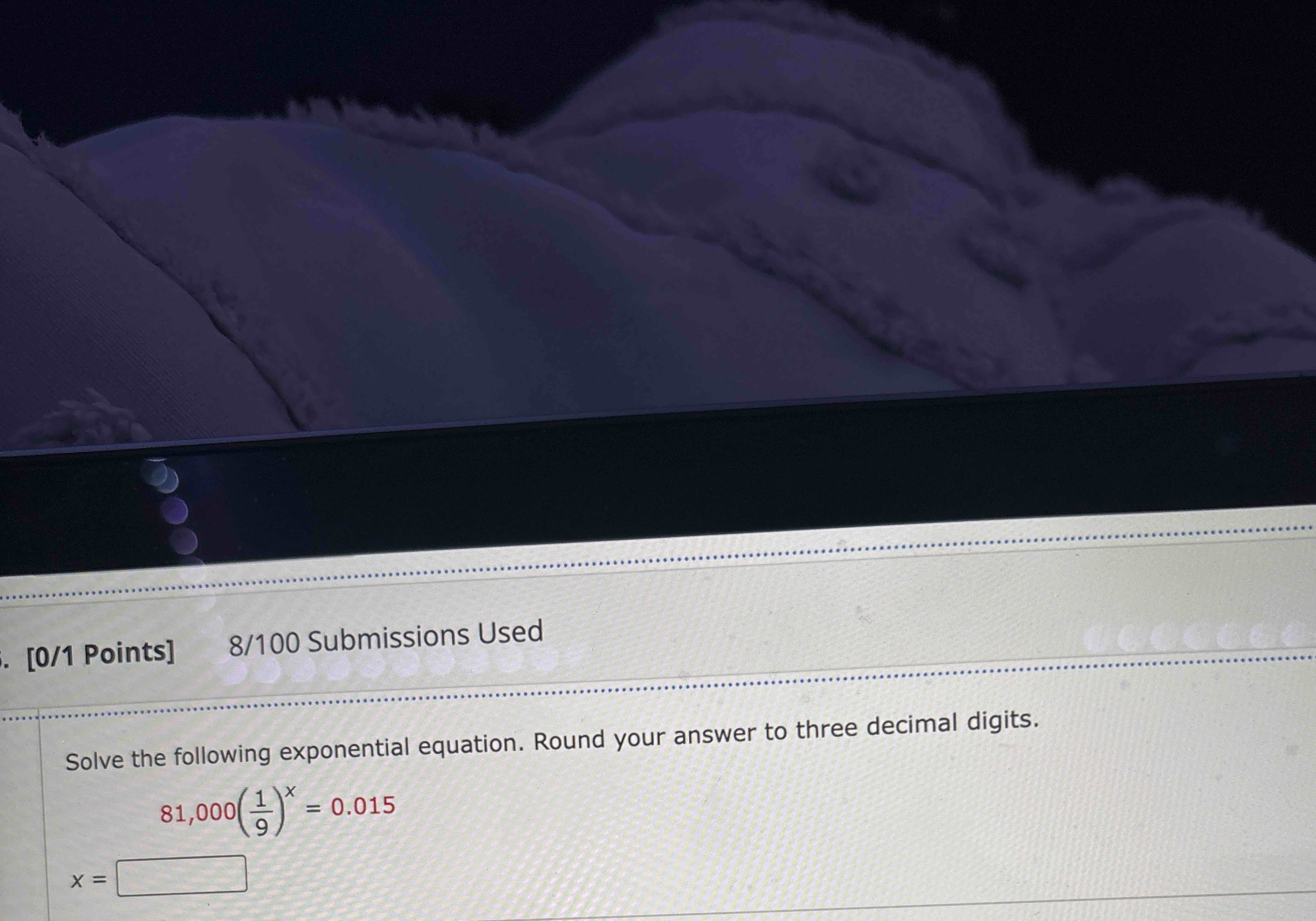 Solve the following exponential equation. Round