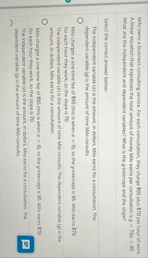 Milo owns a business consulting service. For each