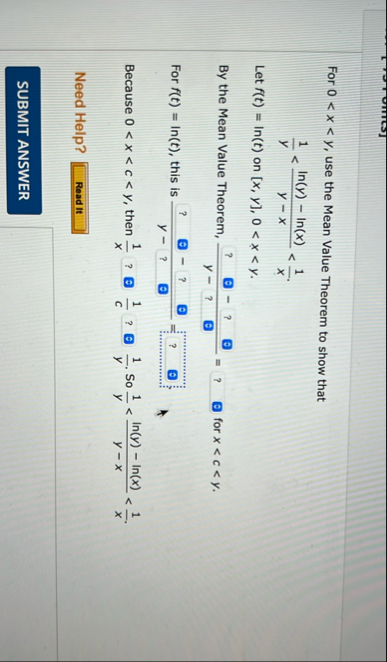 For 1 y < l n ( y ) - l n ( x ) y - x < 1 x f ( t