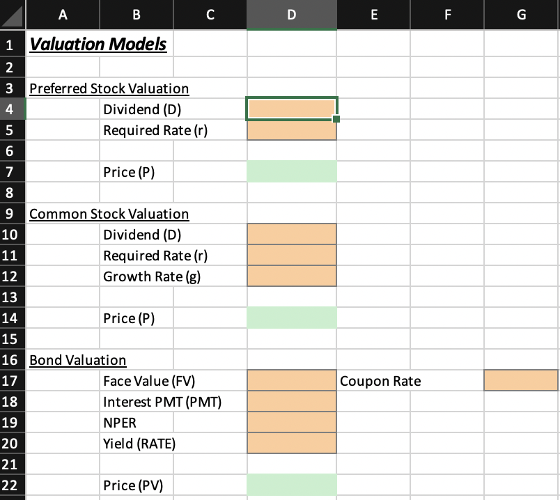 Valuation Create an Excel model that computes the