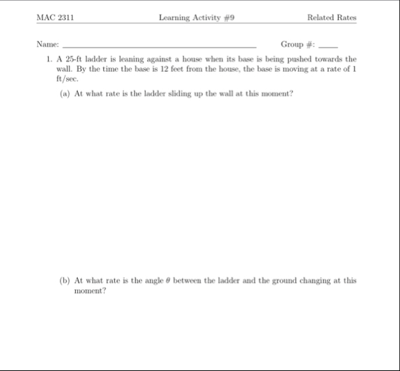 MAC 2 3 1 1 Learning Activity # 9 Related Rates