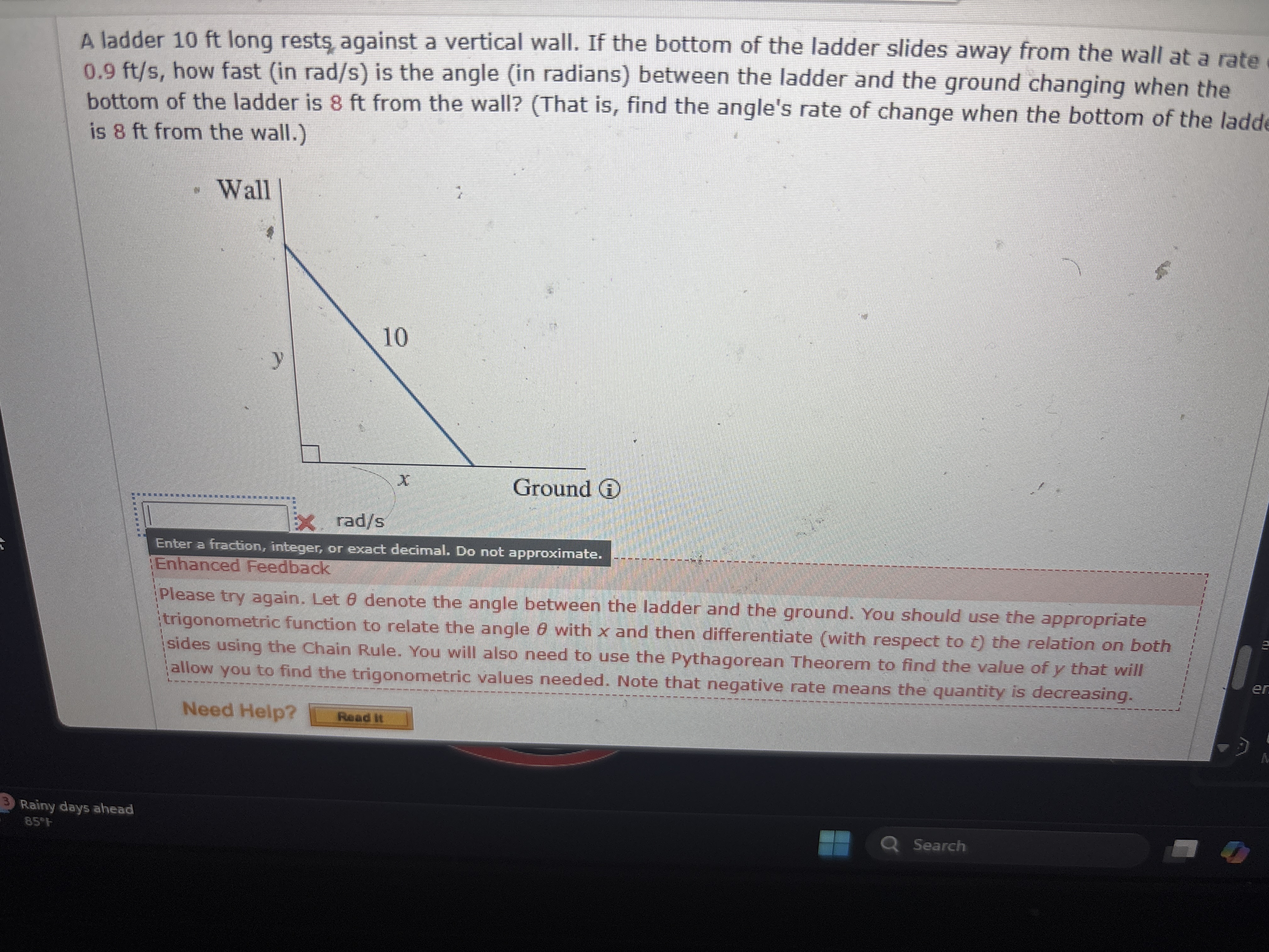 A ladder 1 0 ft long rests, against a vertical