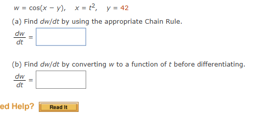 w = c o s ( x - y ) , x = t 2 , y = 4 2 ( a )