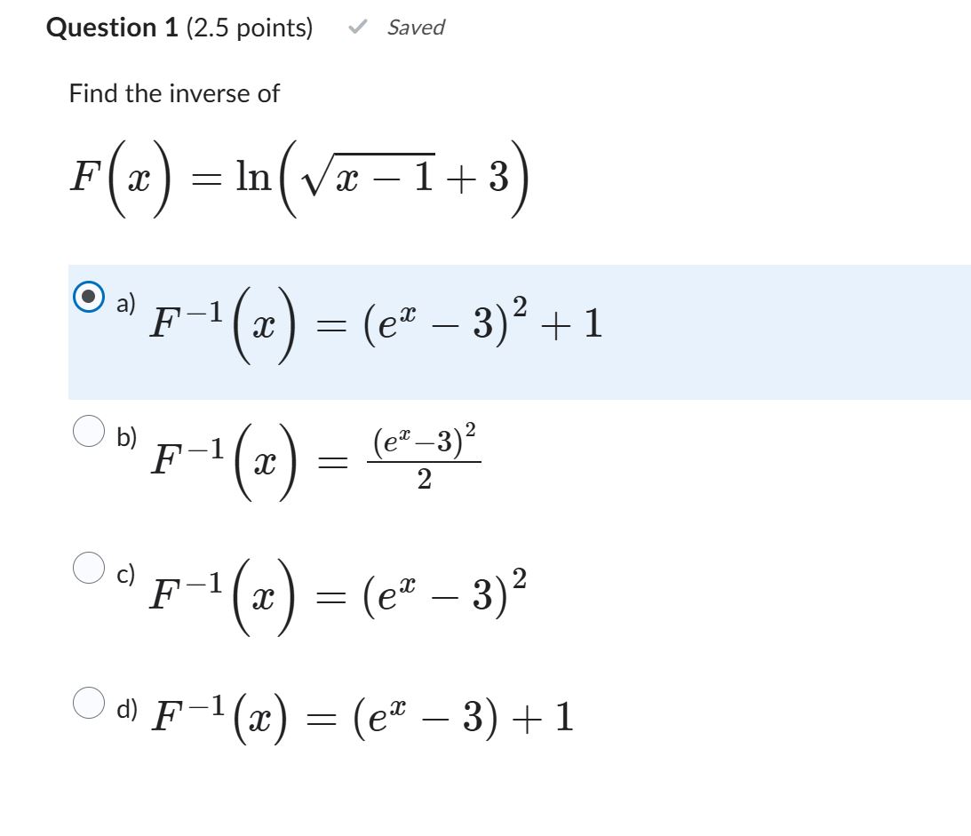 Find the inverse o f F ( x ) = l n ( x - 1 2 + 3