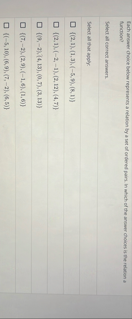 Each answer choice below represents a relation by