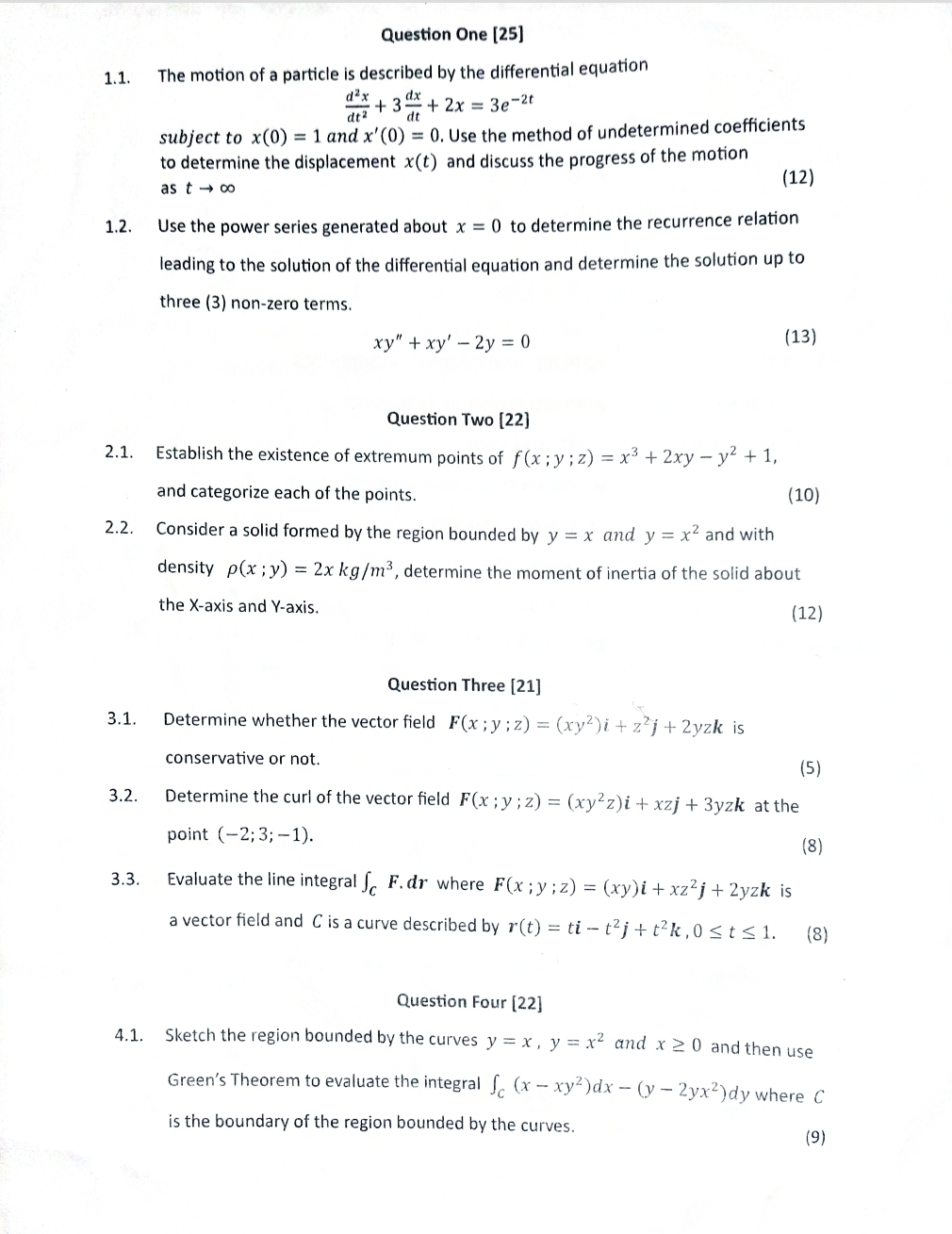 Question One [ 2 5 ] 1 . 1 . The motion of a
