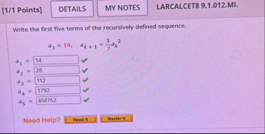 [ 1 / 1 Points ] LARCALCET 8 9 . 1 . 0 1 2 . MI .