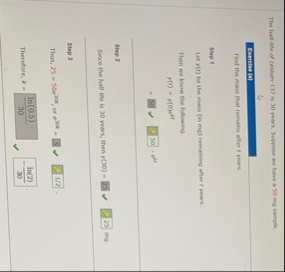 The half - life of cestum - 1 3 7 is 3 0 pears.