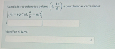 Cambia las coordenadas polares ( 4 , 1 6 ) a