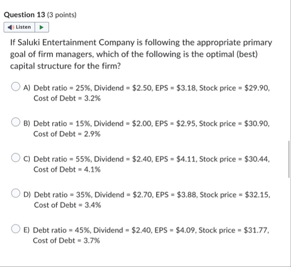 Question 1 3 ( 3 points ) If Saluki Entertainment
