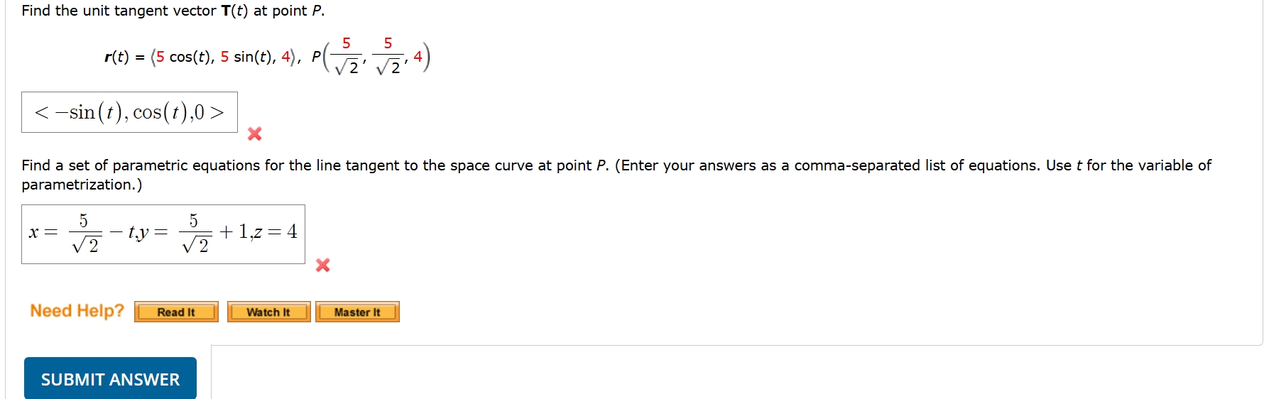 Find the unit tangent vector T ( t ) a t point P