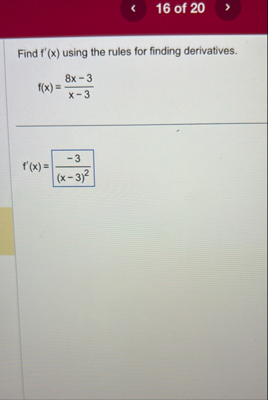 1 6 of 2 0 Find f ' ( x ) using the rules for