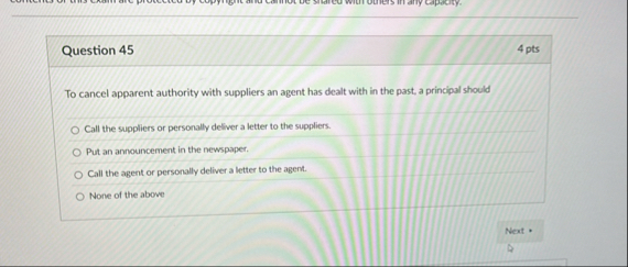Question 4 5 4 pts To cancel apparent authority