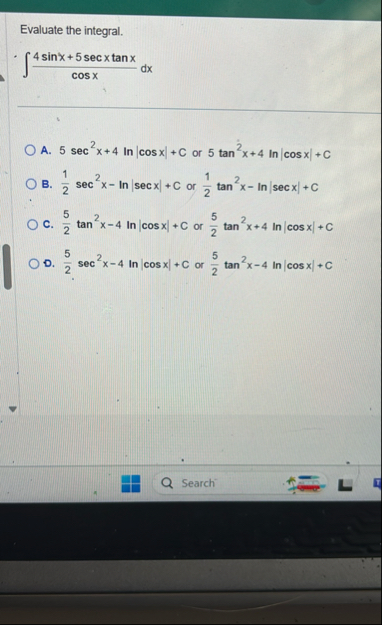 Evaluate the integral. 4 s i n x 5 s e c x t a n