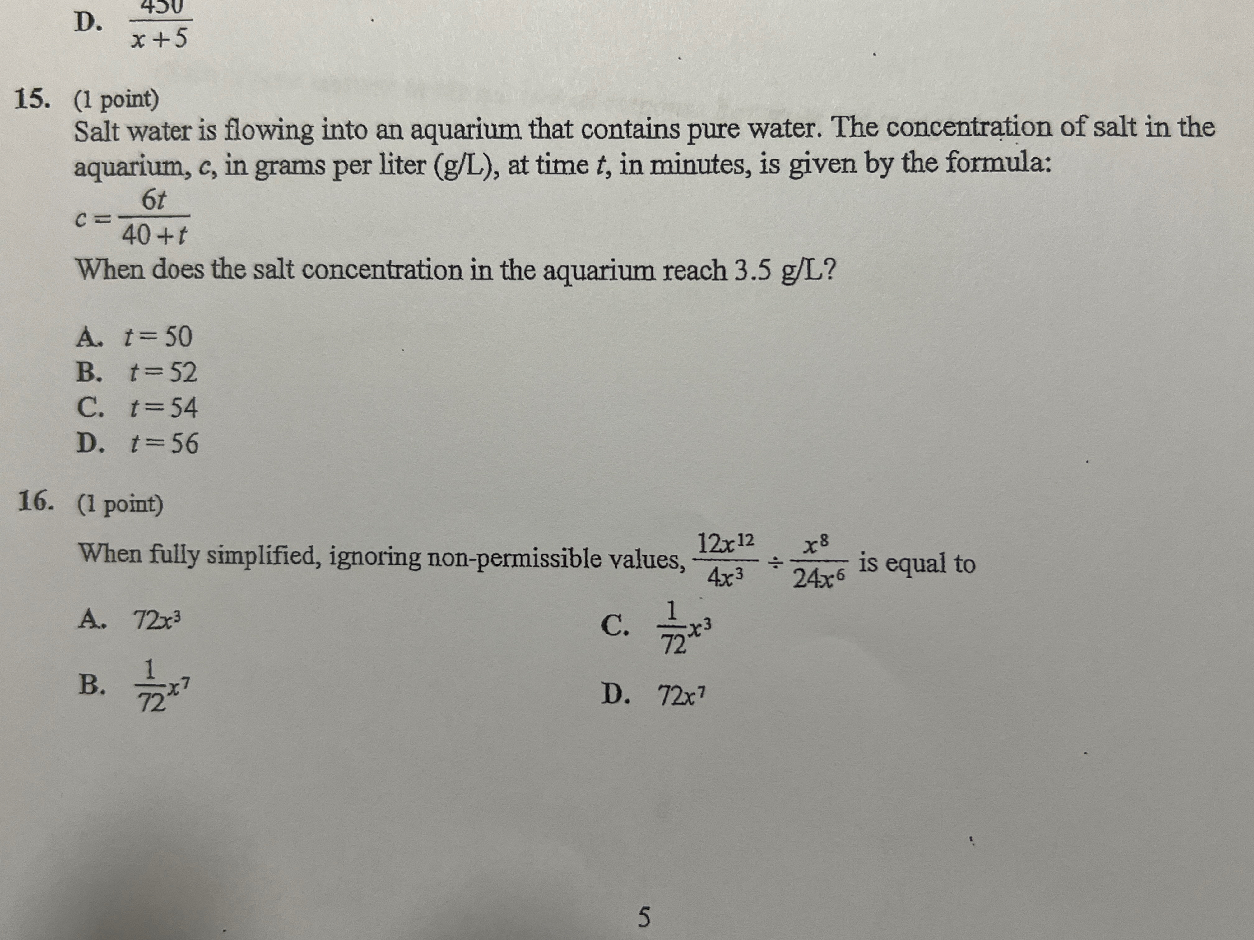 D . 4 5 0 x + 5 ( 1 point ) Salt water i s