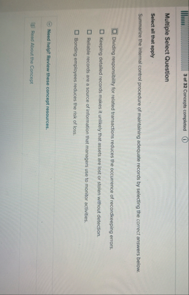 3 of 3 2 Concepts completed Multiple Select