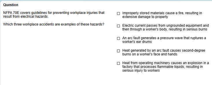 Question NFPA 7 0 E covers guidelines for
