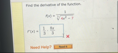Find the derivative of the function. f ( x ) = 1