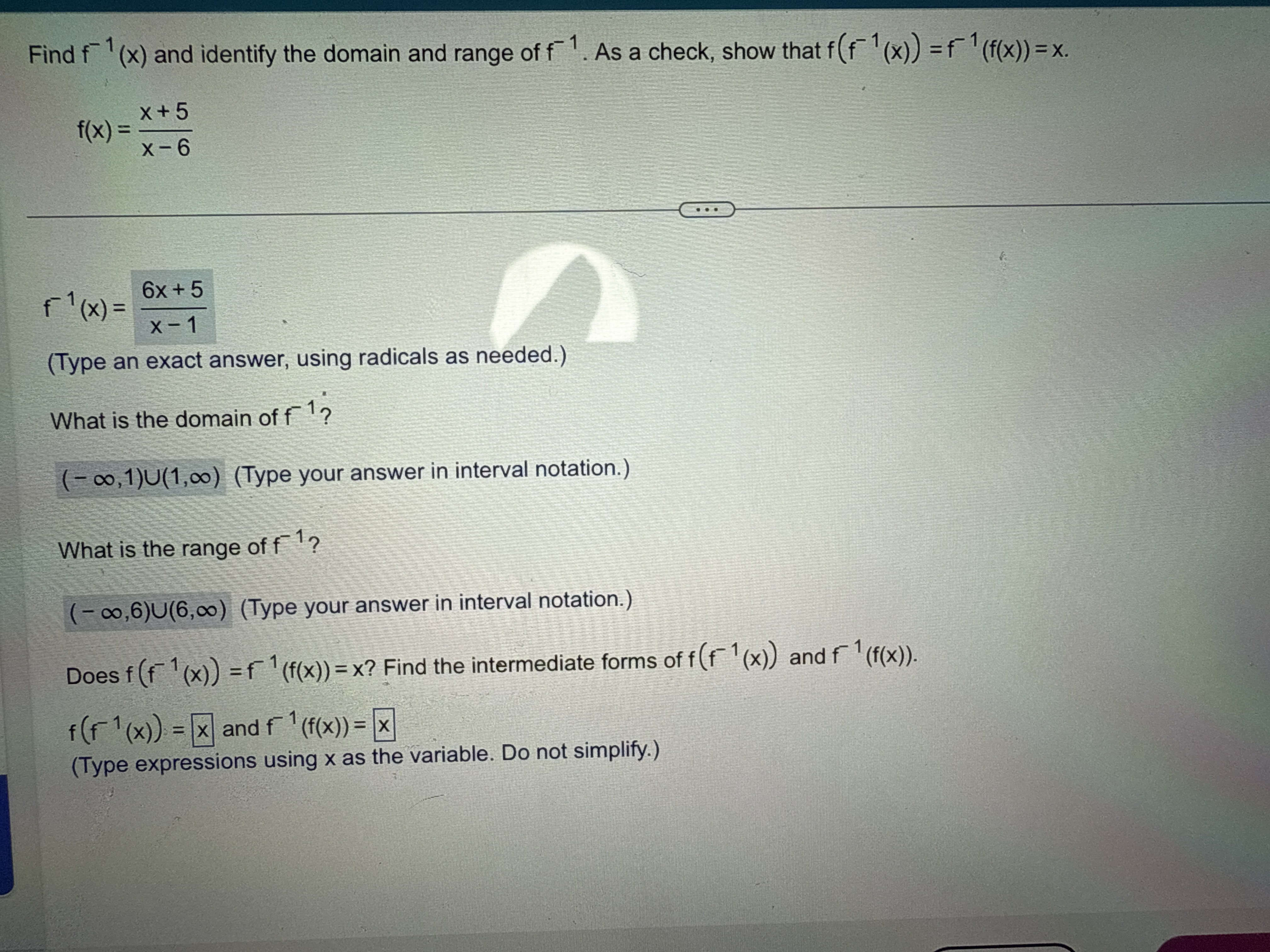 Find f - 1 ( x ) and identify the domain and