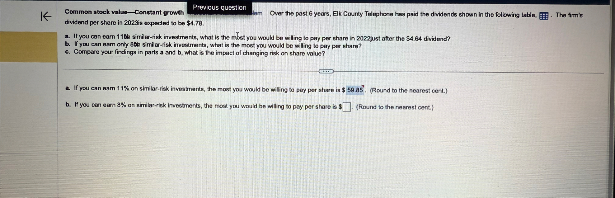 Common stock value - Constant growth Previous
