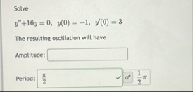 Solve y ' ' + 1 6 y = 0 , y ( 0 ) = - 1 , y ' ( 0