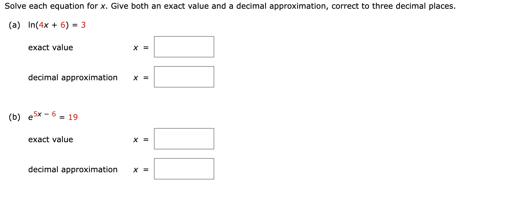 Solve each equation for x . Give both a n exact