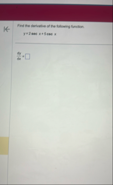 Find the derivative of the following function. y