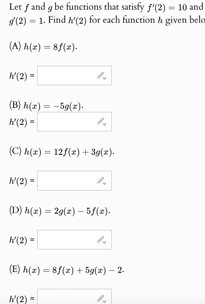 Let f and g b e functions that satisfy f ' ( 2 )