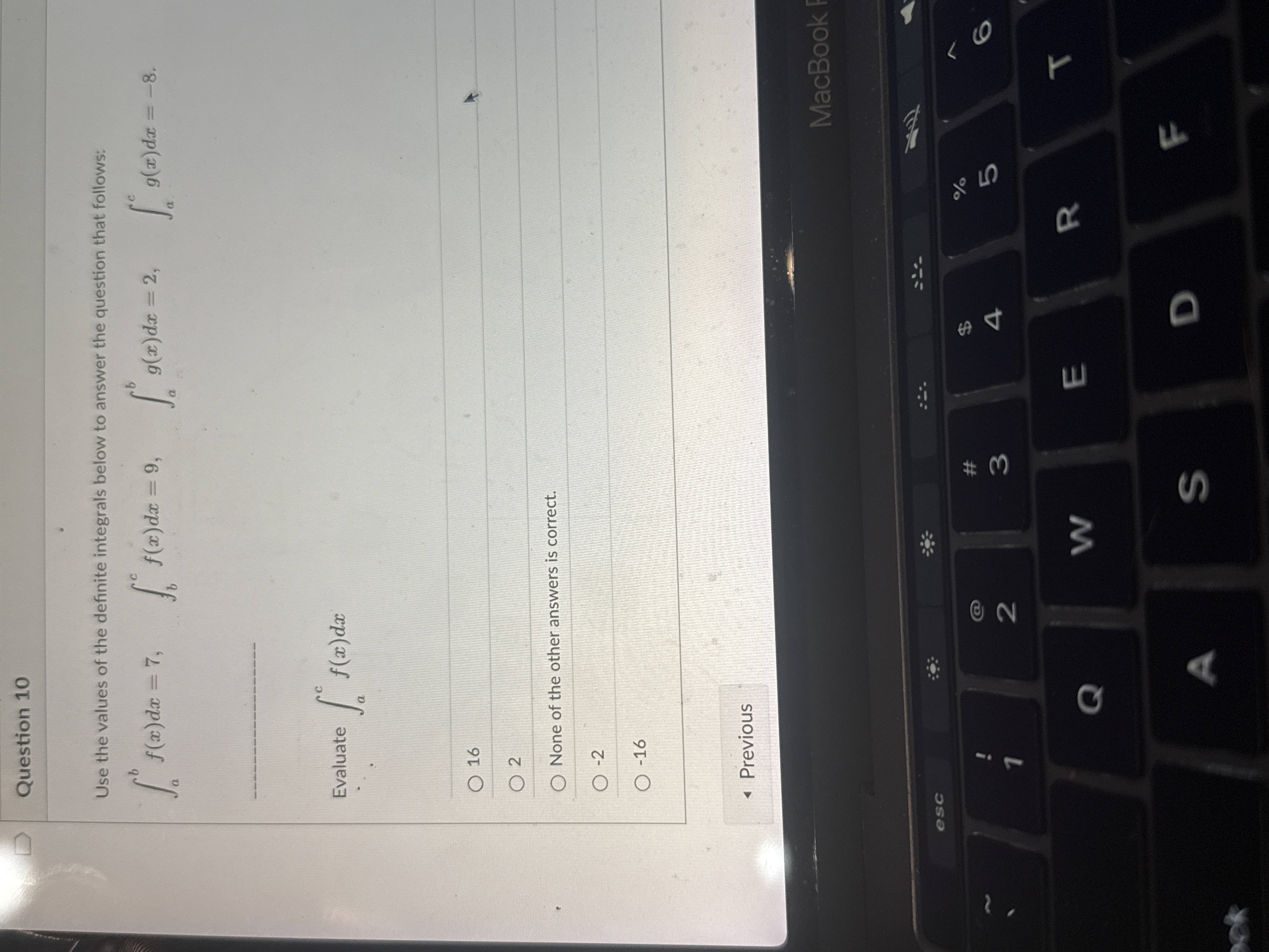 Question 1 0 Use the values o f the definite