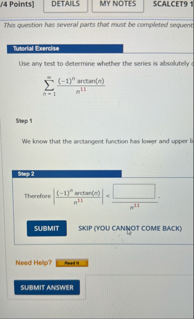 / 4 Points ] SCALCET 9 1 This question has